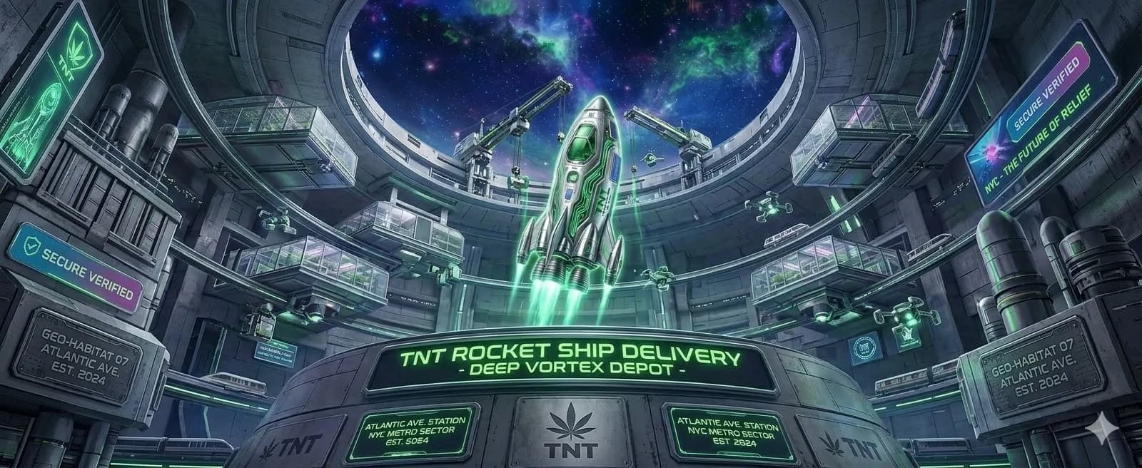 TNT launch bay interior — futuristic delivery depot with rocket
