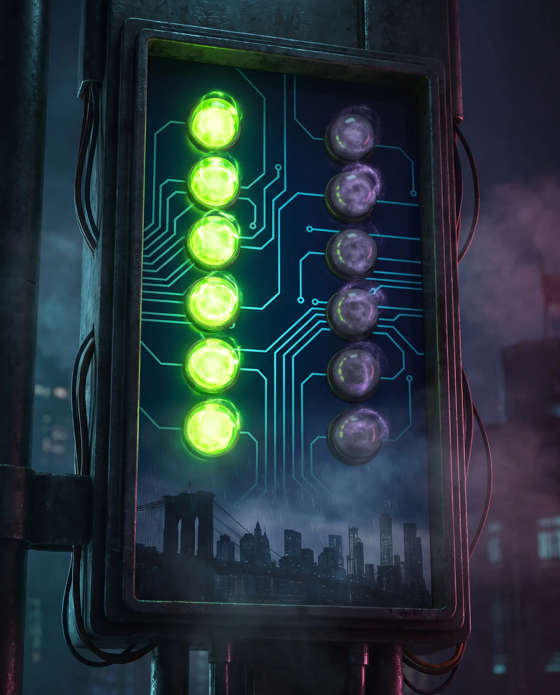 Status-light panel: a lit lime column (allowed) beside a dim column (restricted) over a Brooklyn skyline — where cannabis use is and isn't permitted.