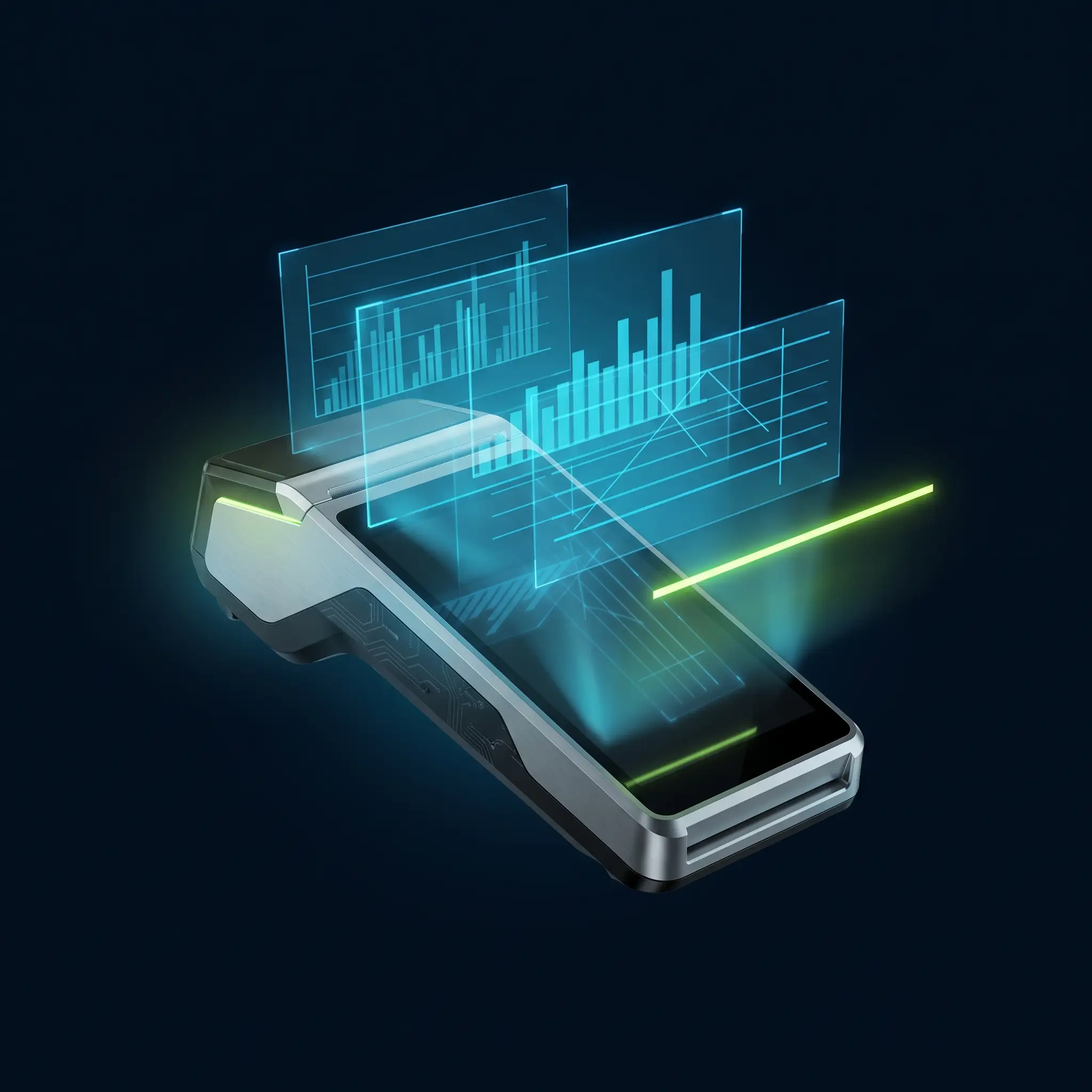 Abstract holographic point-of-sale register module with glowing ledger panels — the in-store checkout where tax is applied.