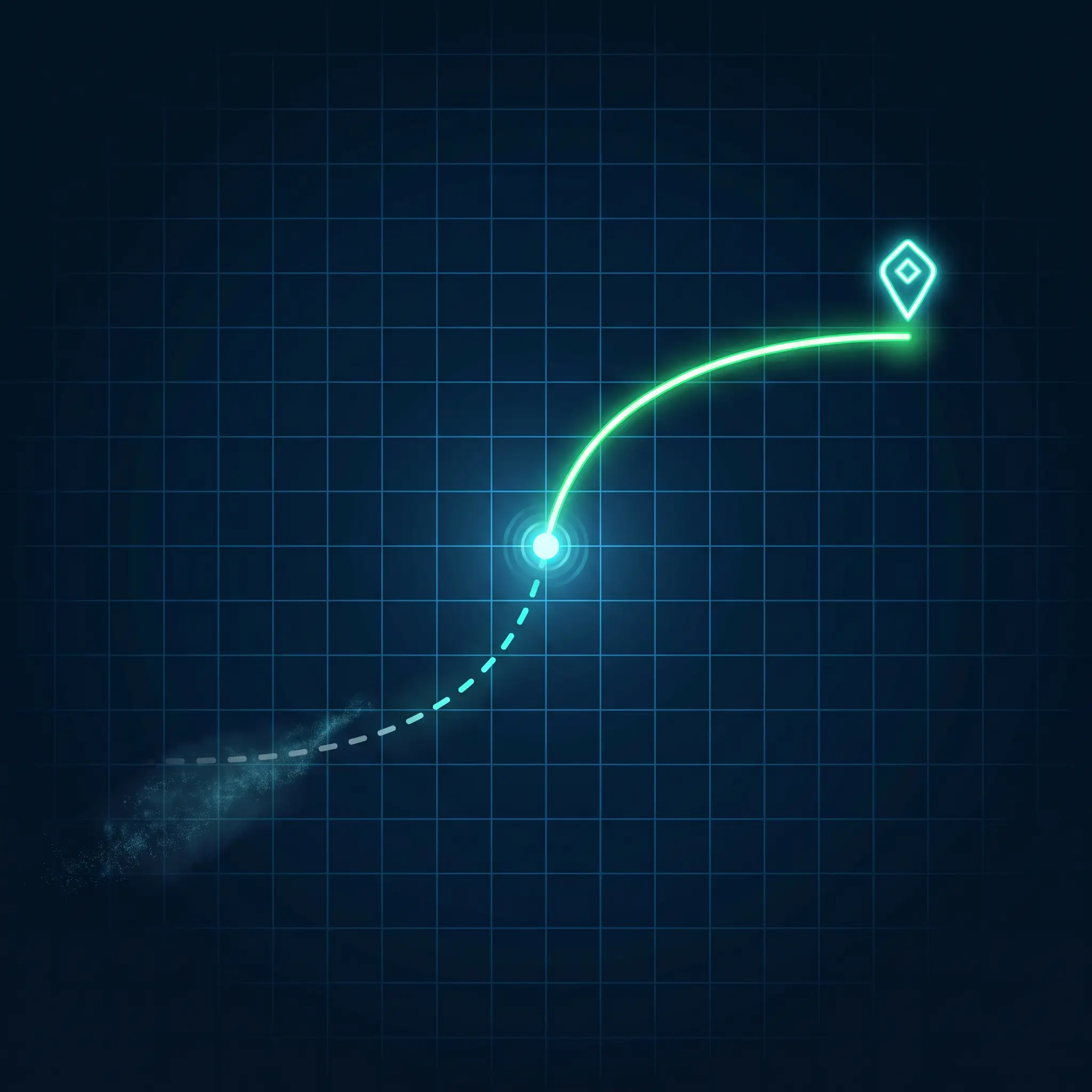 Abstract HUD navigation graphic: one bright lime route leading to a destination, a dim dashed route fading away — the one clear legal walk-in path.