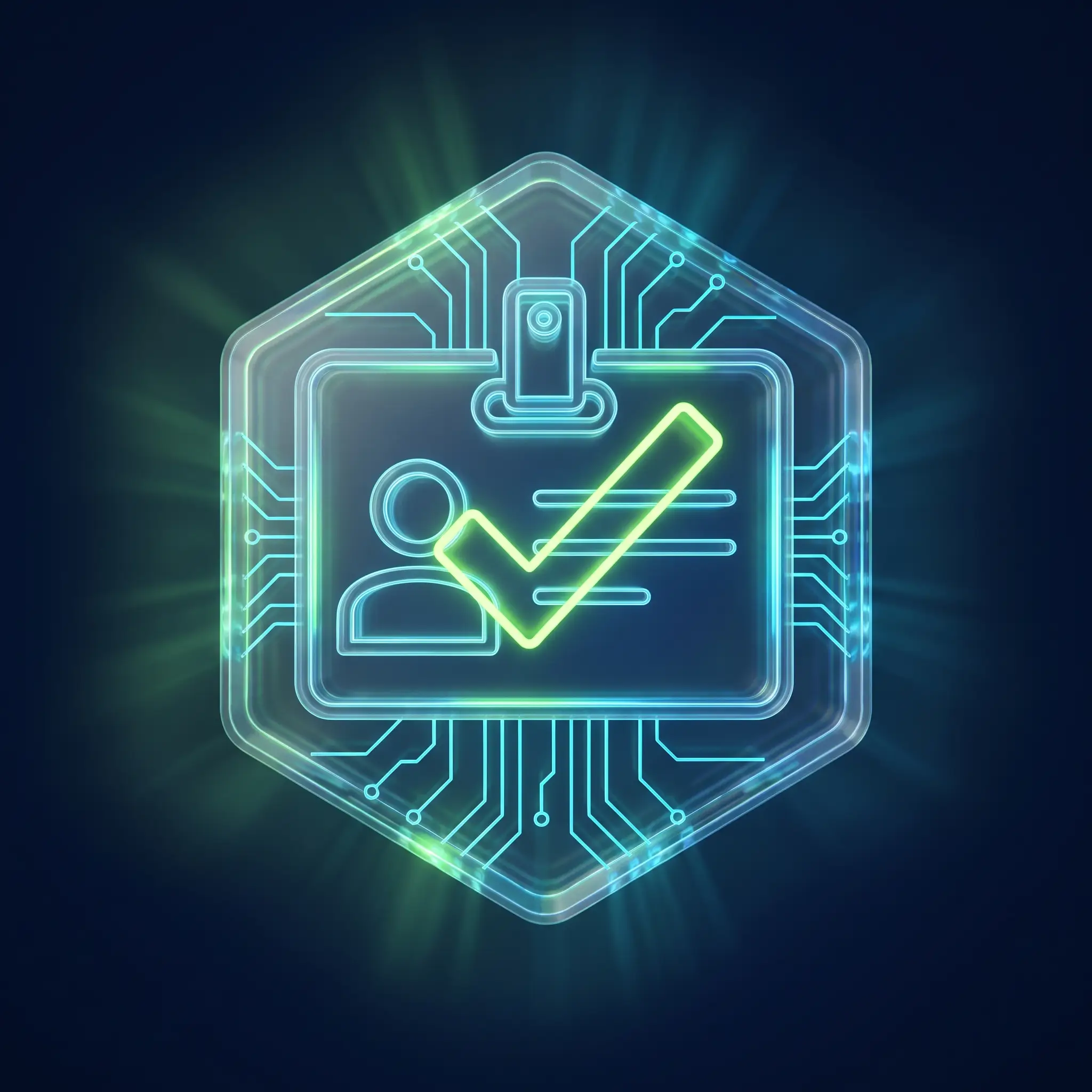 Abstract holographic verified-license badge with a checkmark glow — confirming a dispensary's OCM license.